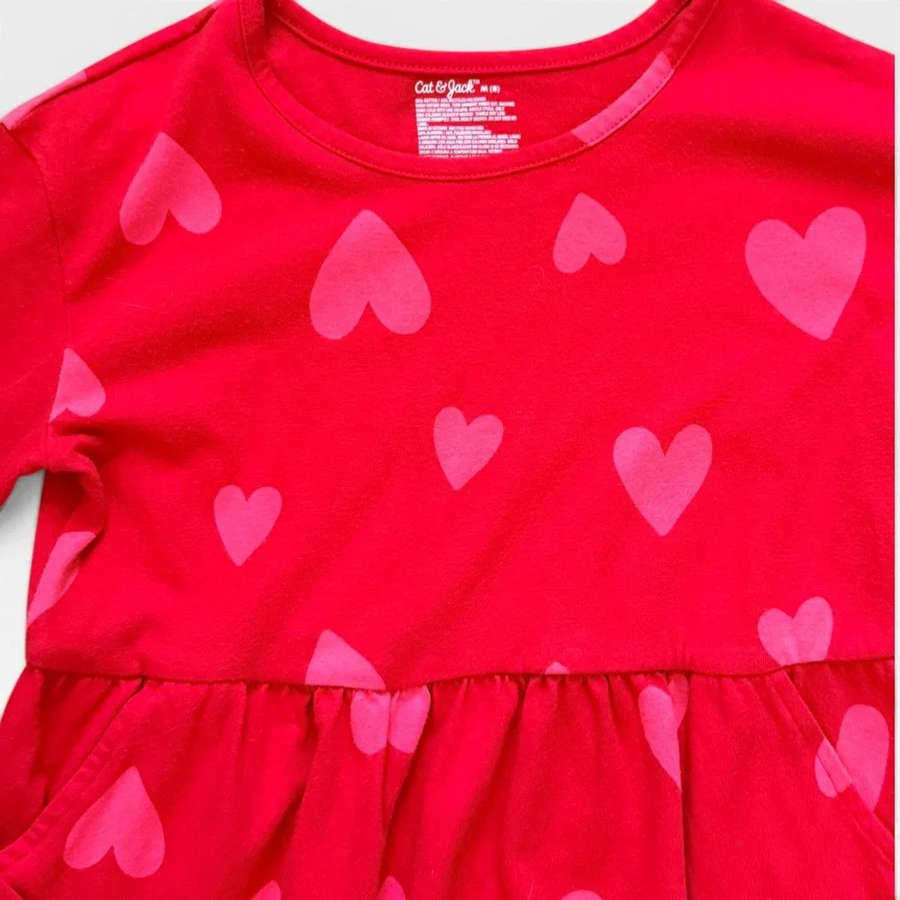 Cat & Jack Girls Red Pink Heart Print‎ Long Sleeve Pocket Dress Size M 8